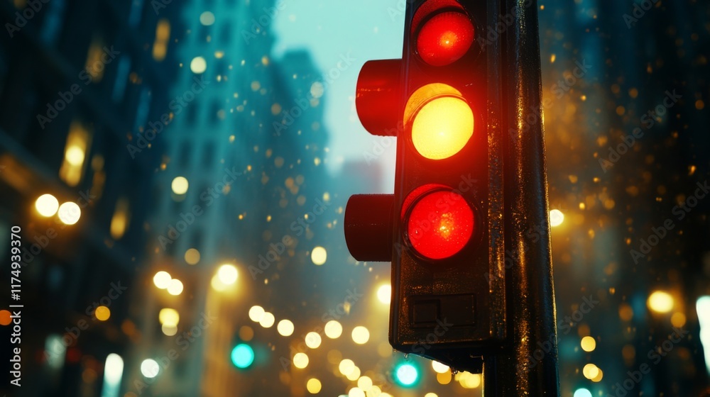 Poster a close-up of a traffic light showing the red signal, illuminated against a dark city background wit