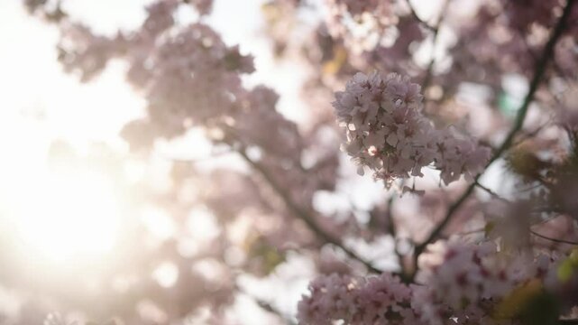 Slow motion closeup of sakura cherry blossom in spring