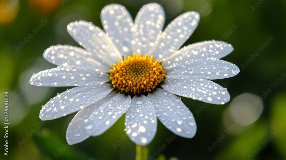Aufkleber a close-up of a white flower with shimmering water droplets on the edges of its petals, captured wit