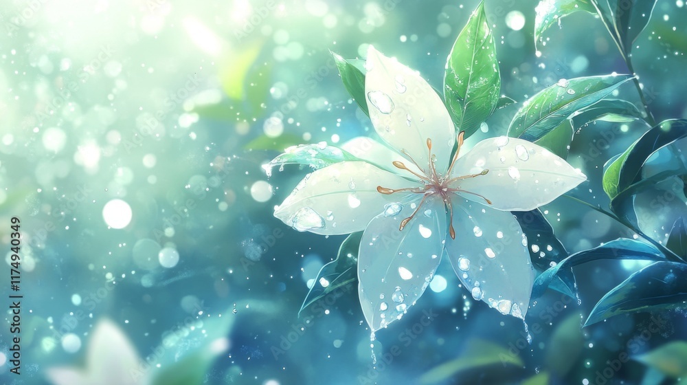 Aufkleber a close-up of a white flower with shimmering water droplets on the edges of its petals, captured wit