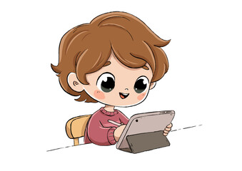 Adorable child drawing or doing homework on a tablet with a stylus