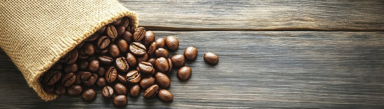 Organic coffee beans spilling from a burlap sack onto a wooden surface, emphasizing rustic warmth