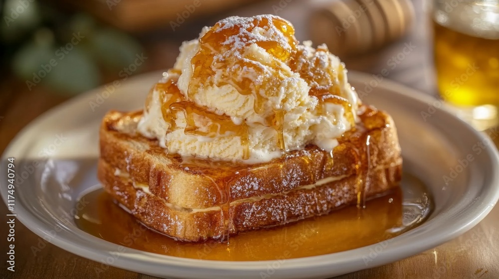 Poster A close-up of a thick slice of honey toast, generously topped with creamy ice cream and a drizzle of honey, with a soft focus background to highlight the dessert.