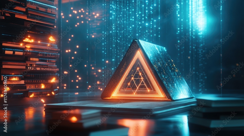 Poster an abstract technology-themed design with a network of glowing triangles and nodes in 3d space.