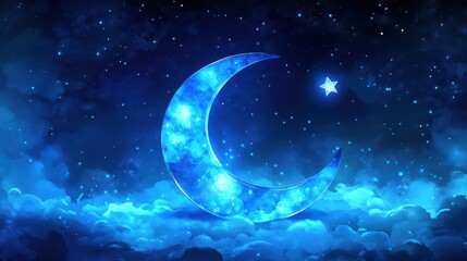 Fototapeta premium A luminous crescent moon rests on glowing clouds beneath a starry night sky. Ideal for Ramadan or Islamic-themed designs.