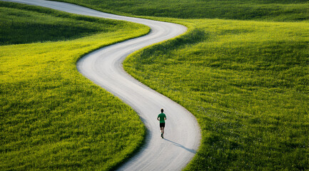 A person jogs along a winding path through lush green fields, showcasing a serene and healthy outdoor lifestyle.