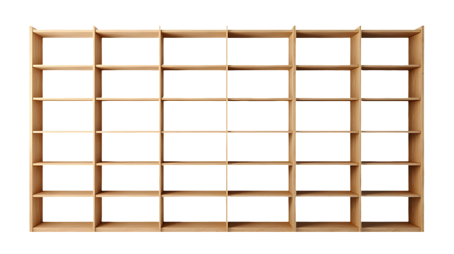 Awaiting treasures!  Empty wooden shelves stand ready to be filled with books, mementos, and more. Organize your space and create beautiful displays., cut out
