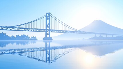 Fototapeta premium Suspension bridge over calm water, mountain in background, sunrise.