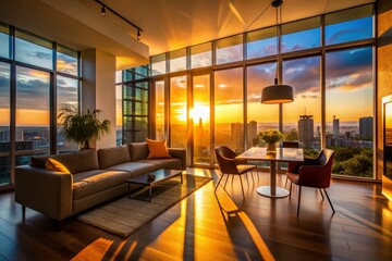 Modern Apartment Interior Silhouette - City View Window, Minimalist Design, Sunset,  Stylish Home