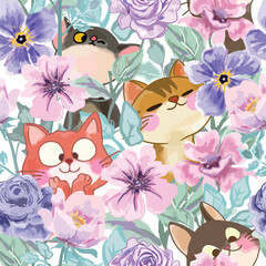 Cute kitten cat haiving fun in watercolor flower garden seamless pattern