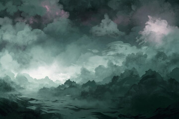 Dramatic cloud formations, moody atmosphere, serene water reflections, digital painting style, nature landscape.