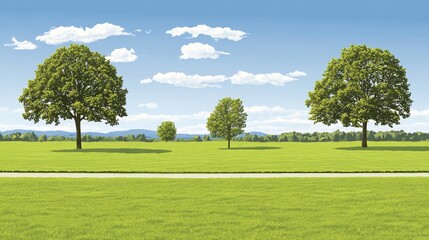 Idyllic pastoral scene with three lush green trees and a paved path