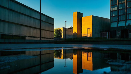 Naklejka premium a reflection of buildings in a puddle 