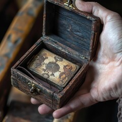 Hand holds antique box, etched trinket inside.