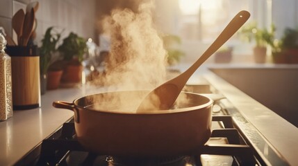 A close-up of a wooden spoon stirring a simmering pot on the stove, with steam rising from the dish, illuminated by soft kitchen light