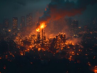 Fototapeta premium Striking Night Cityscape of Burning Oil Refinery with Illuminating Flames and Plumes of Smoke