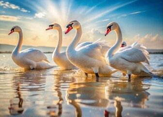 Obraz premium Elegant White Swans in Shallow Water: Serene Nature Photography