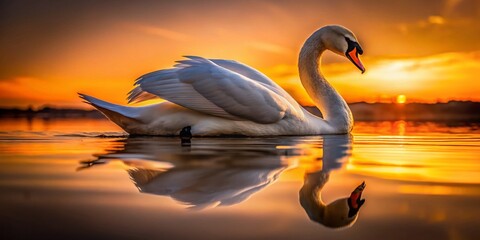 Fototapeta premium Elegant White Swan Silhouette on Calm Water - Serene Nature Reflection