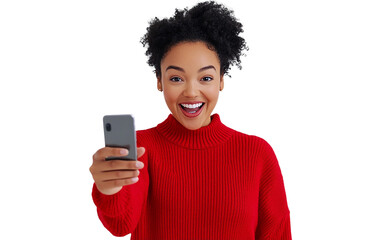 Excited woman in a red sweater pointing directly at the camera, holding a smartphone, set against a plain white background.

