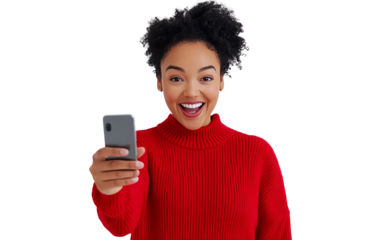 Excited woman in a red sweater pointing directly at the camera, holding a smartphone, set against a plain white background.


