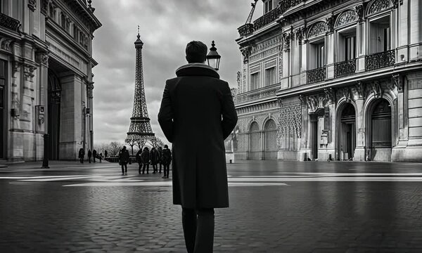 Man in Paris in black and white.