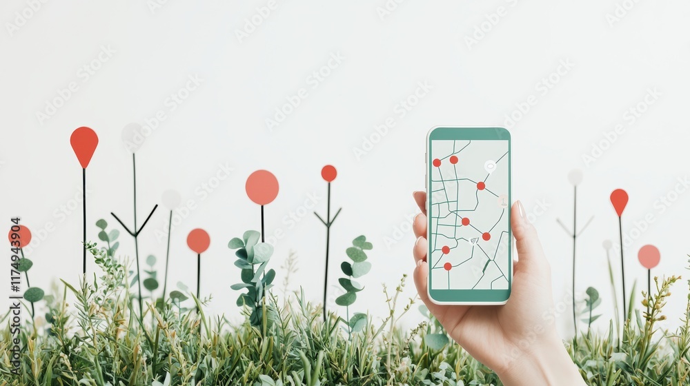 Poster a hand holding a smartphone with a network map displayed on the screen, representing the ability to 