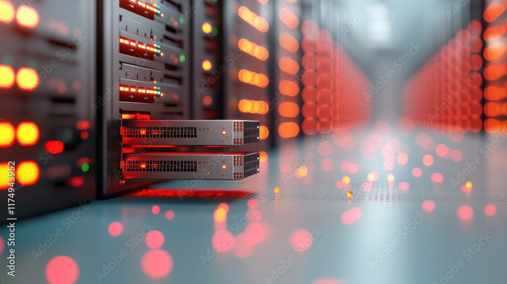 Poster a server room with rows of glowing servers and network equipment, highlighting the physical infrastr