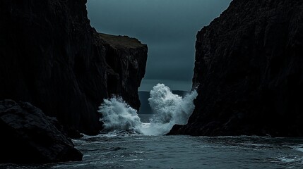 Obraz premium Dramatic ocean waves crashing between dark cliffs.
