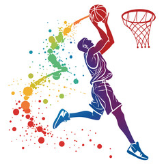 A silhouette of a basketball player dunking, enhanced by colorful abstract artistic patterns and splashes.