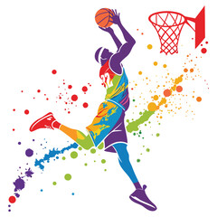 A silhouette of a basketball player dunking, enhanced by colorful abstract artistic patterns and splashes. © Mahfuz
