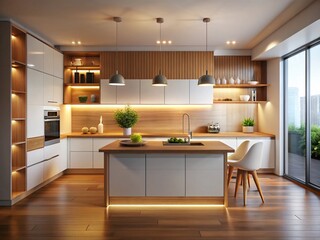 Modern Minimalist White Kitchen Night Photography: 3D Rendered Wood Accents
