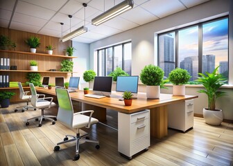 Modern Office Workspace: Desks, Computers & Plants - Stock Photo