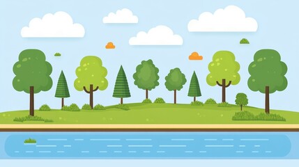 Fototapeta premium Idyllic Summer Landscape Trees, River, and Blue Sky with Clouds