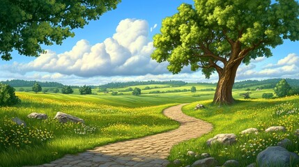 Obraz premium Idyllic Summer Landscape Winding Path Through a Sunlit Meadow