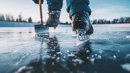 Person ice skating, shovel in hand, winter scene.