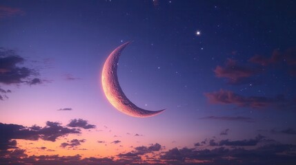 A vibrant crescent moon hangs in a twilight sky dotted with stars. Ideal for backgrounds, wallpapers, or social media posts with a celestial theme.