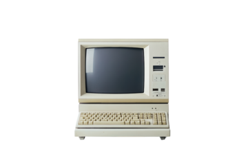 Vintage computer with a classic design, isolated on a white background.