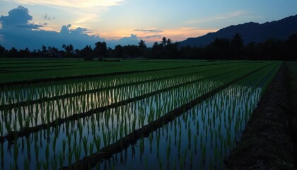 Rice paddy sunset, rural Asian landscape, tranquil evening scene