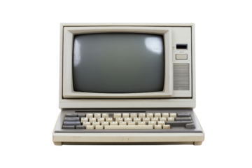 Vintage computer with keyboard and monitor on a white background, perfect for nostalgia and tech history themes.
