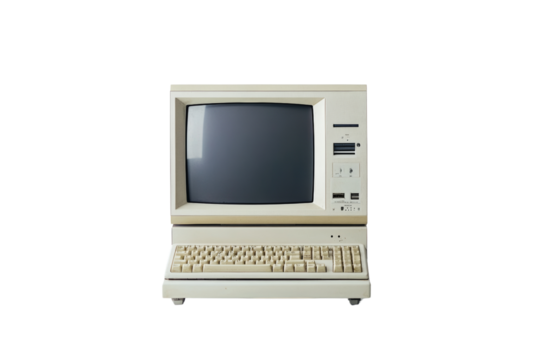 Vintage computer with a classic design, isolated on a white background.