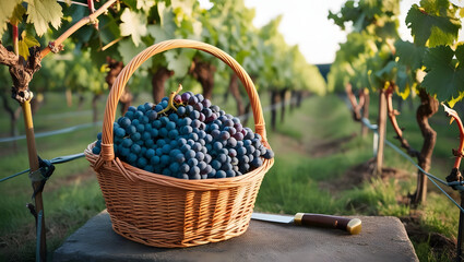Large wooden basket filled with grapes on stone table in vineyard