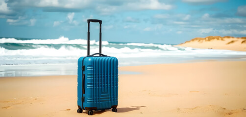 Blue Suitcase Resting on a Scenic Sandy Beach With Ocean Waves