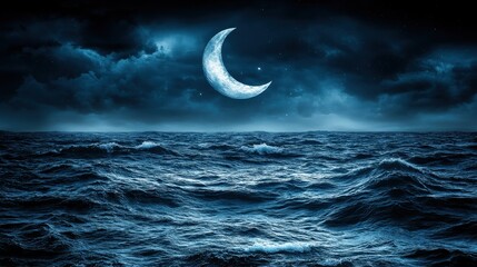 Fototapeta premium Dark blue ocean waves under a crescent moon and starry night sky. Ideal for backgrounds, wallpapers, or artistic projects evoking mystery and tranquility.