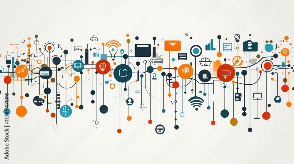 Poster a vibrant network visualization depicts interconnected digital devices and data flow. ideal for illu