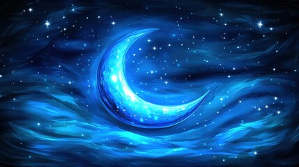 A vibrant blue crescent moon glows against a backdrop of swirling nebulae and twinkling stars. Ideal for fantasy or celestial-themed projects.