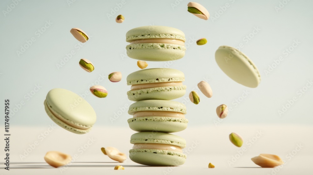 Poster a close-up of green pistachio macarons, stacked in a neat tower on a light grey background, with a f