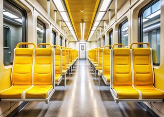 Fototapeta premium Empty Yellow Train Seats, Modern Public Transport, Clean Interior, Minimalist Design, White Background