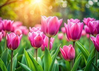 Fototapeta premium Dreamy long exposure captures a vibrant pink tulip garden in full bloom, a breathtaking spring floral spectacle.