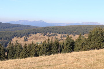 Fries' huts, view of the Krkonoše mountains, autumn mountain landscape