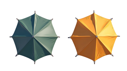 A pair of vibrant umbrellas, teal and gold, viewed from above. A striking visual contrast., cut out